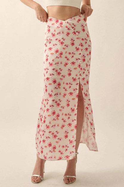 Sassy Blossoms Floral Satin Buttoned Maxi Skirt