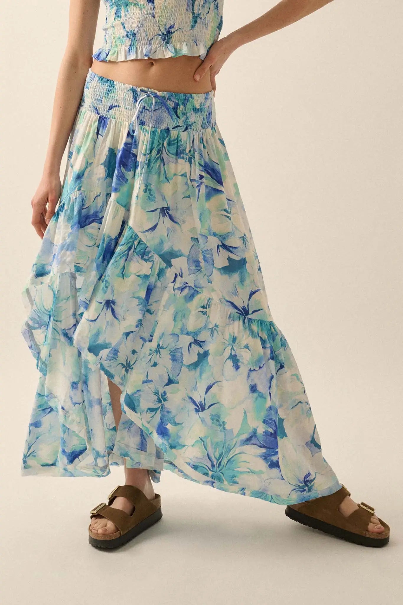 Azure Petals Floral High-Low Ruffle Maxi Skirt