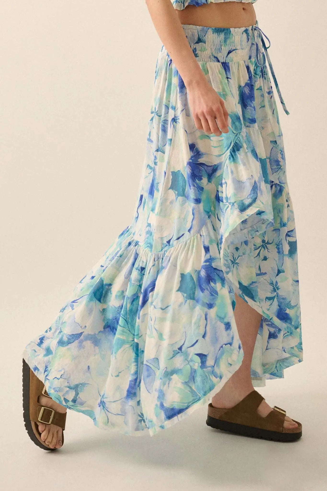 Azure Petals Floral High-Low Ruffle Maxi Skirt