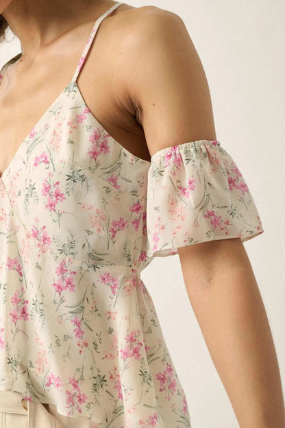 Lily Lover Floral Chiffon Cold Shoulder Cami Top