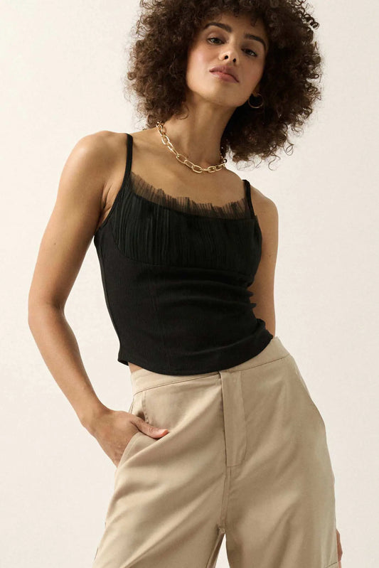 Gracefully Glam Pleated Tulle Ruffle Cami Top