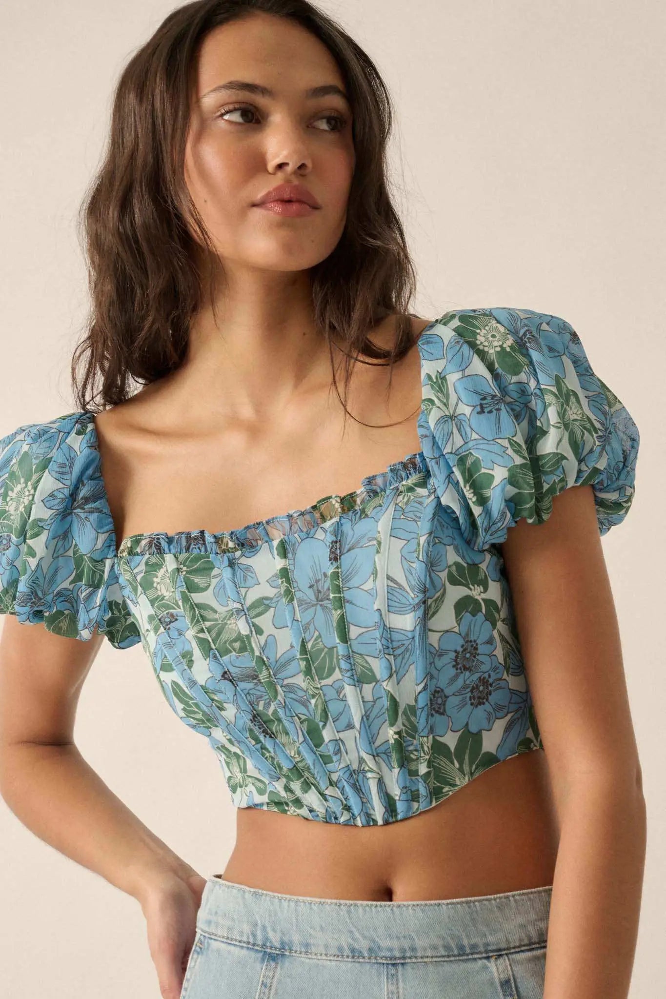 Fiji Feeling Floral Chiffon Puff-Sleeve Corset Top