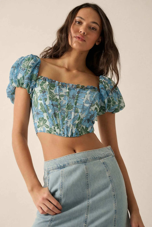 Fiji Feeling Floral Chiffon Puff-Sleeve Corset Top