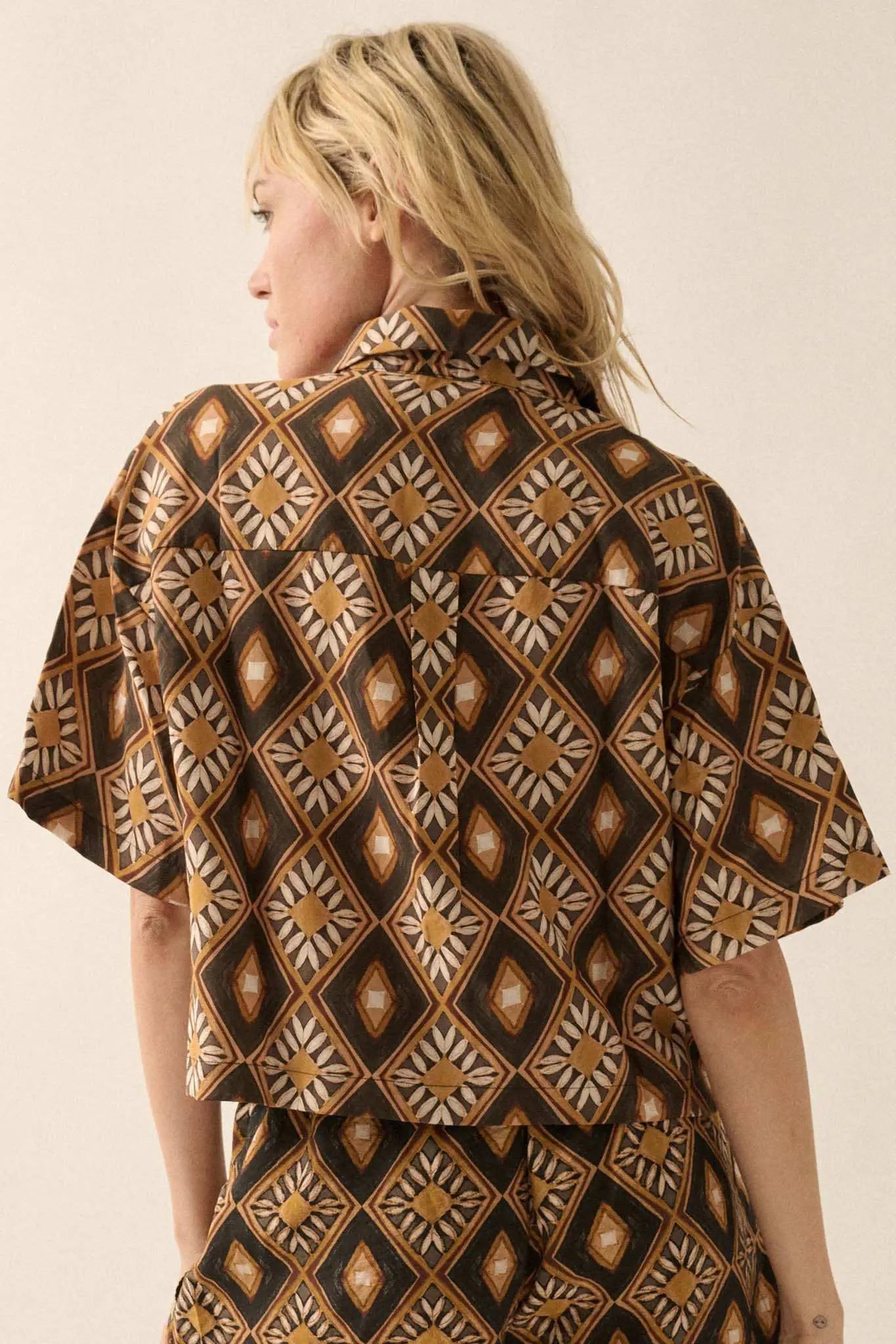 Mahogany Blooms Geometric Floral Camp Shirt