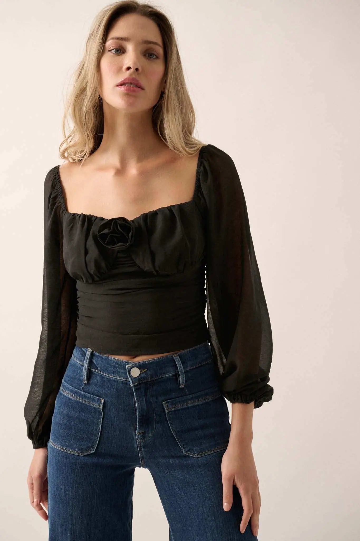 Romantic Era Chiffon Rose-Bodice Peasant Top