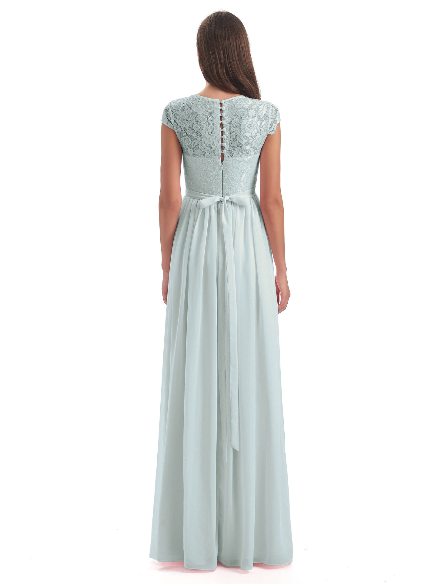 Yamileth A-line Floor Length Cap Sleeves Illusion Neckline Lace/Chiffon Long Bridesmaid Dresses