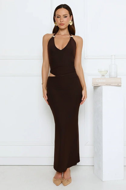 Midnight Élan Halter Maxi Dress Brown