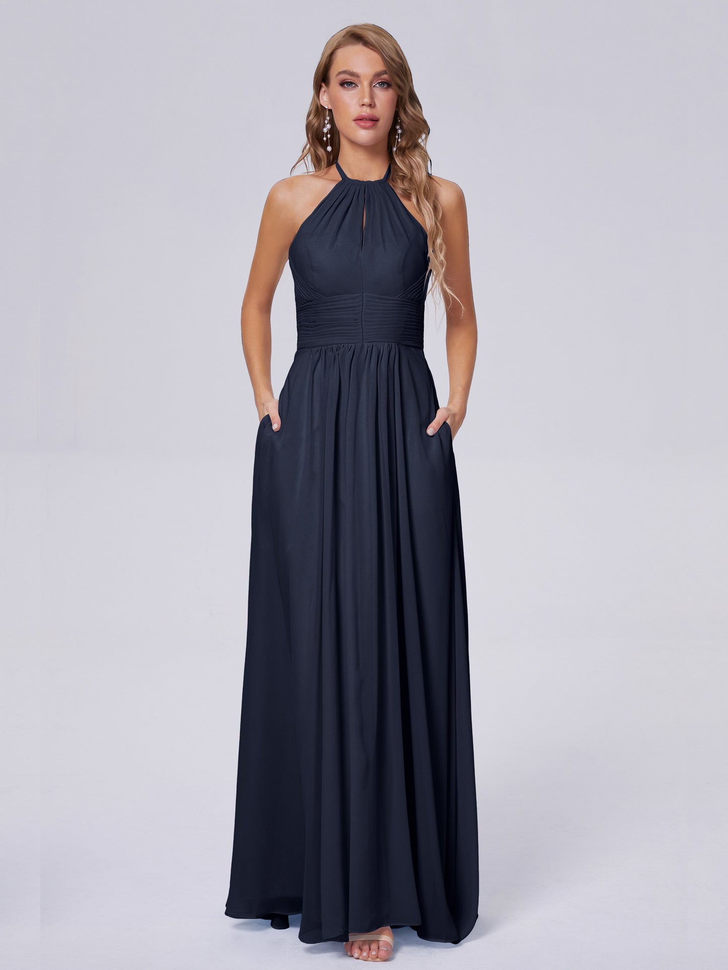 Adaline Simple Halter Chiffon Long Bridesmaid Dresses