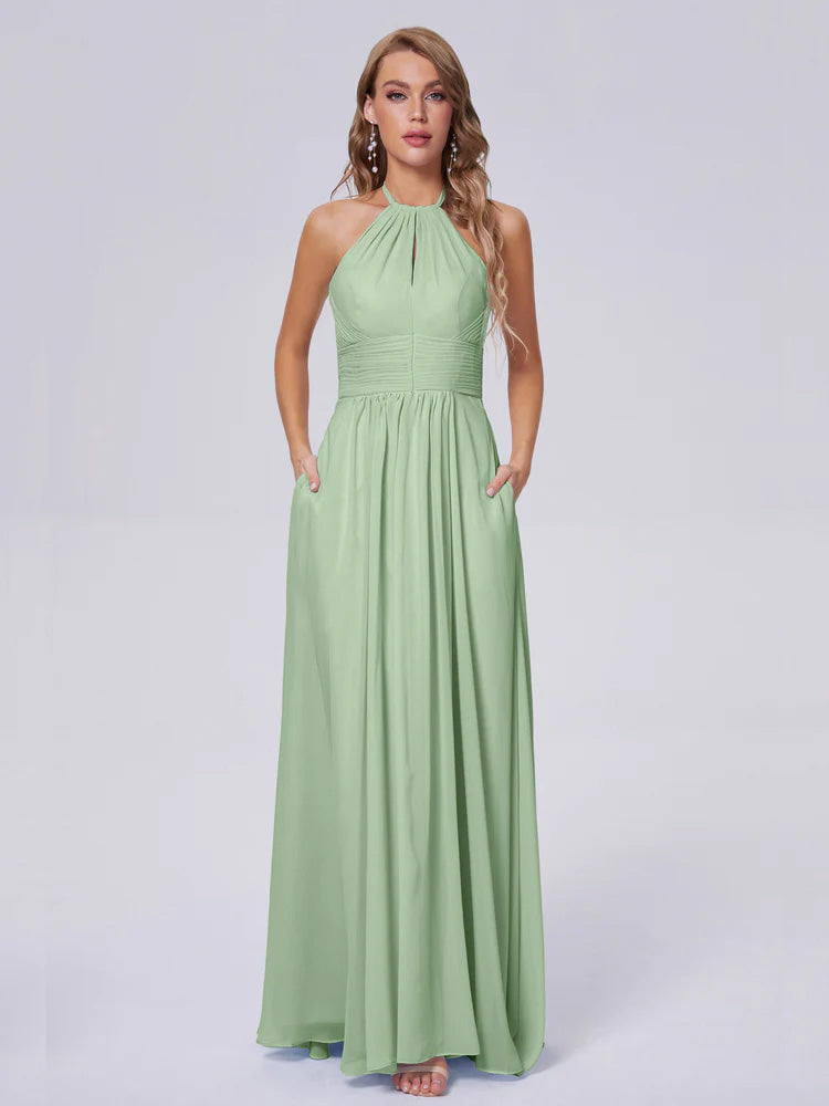 Adaline Simple Halter Chiffon Long Bridesmaid Dresses