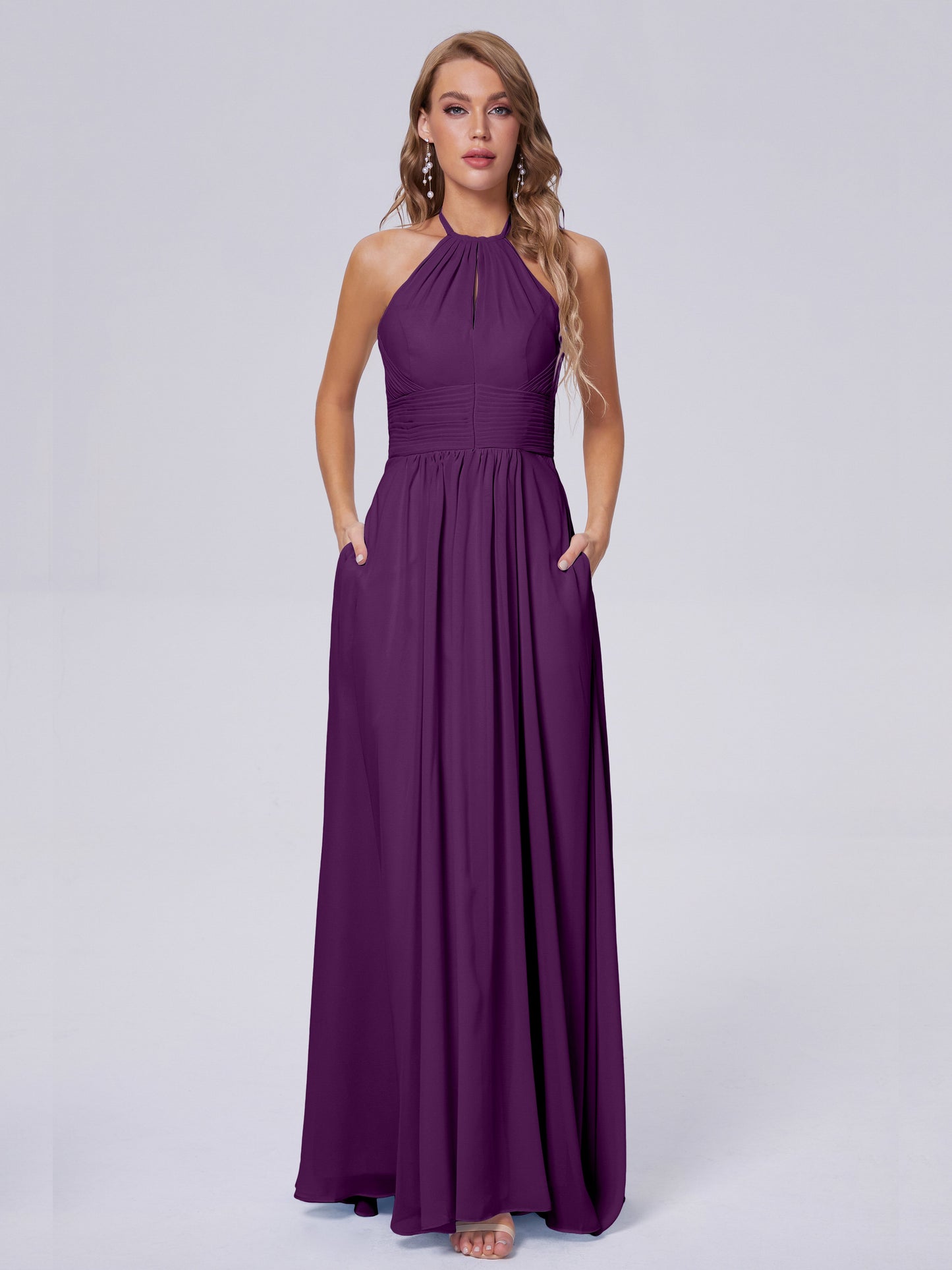 Adaline Simple Halter Chiffon Long Bridesmaid Dresses