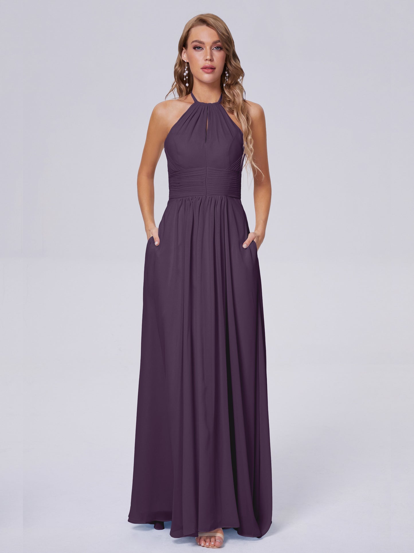 Adaline Simple Halter Chiffon Long Bridesmaid Dresses