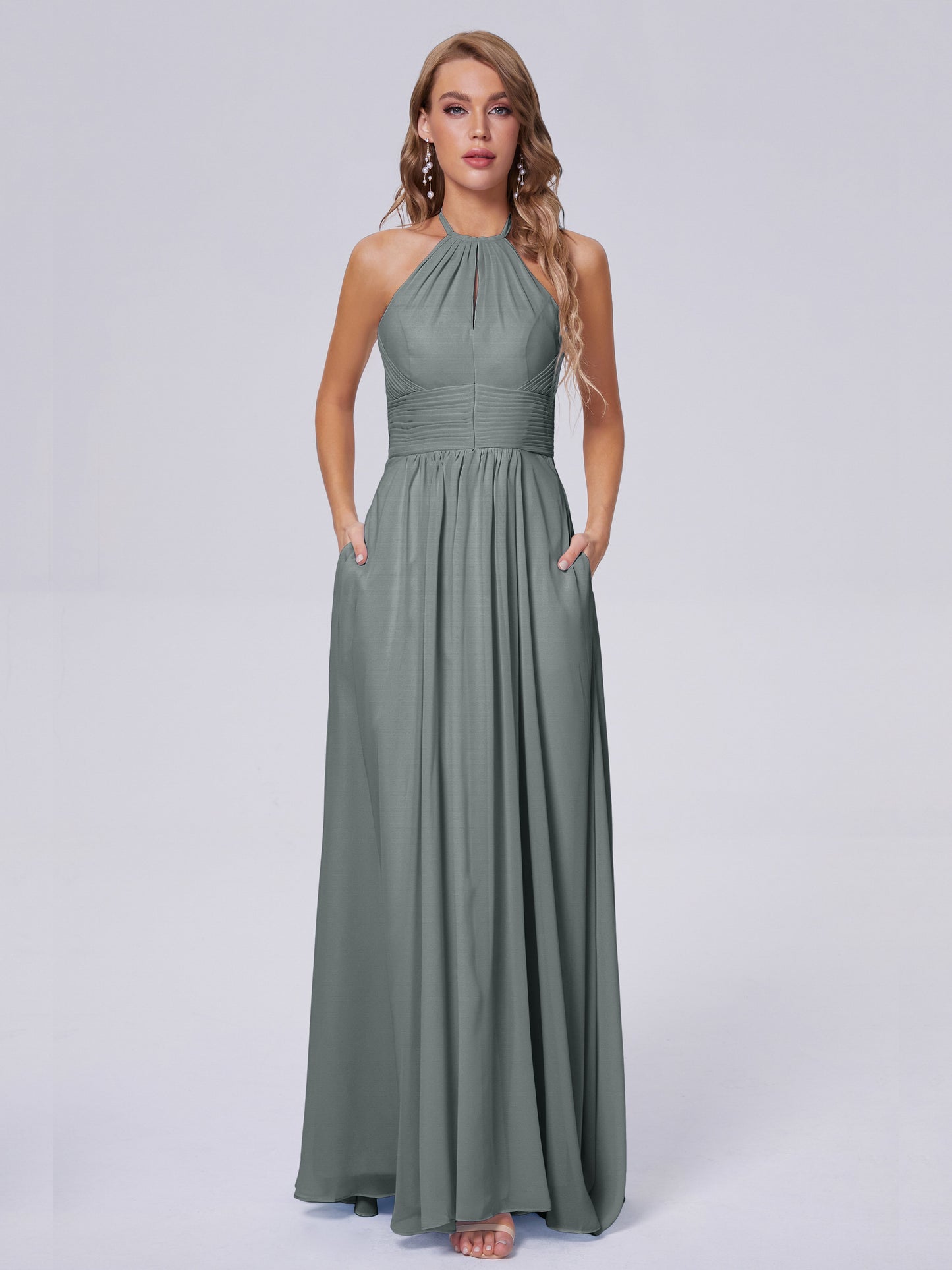 Adaline Simple Halter Chiffon Long Bridesmaid Dresses