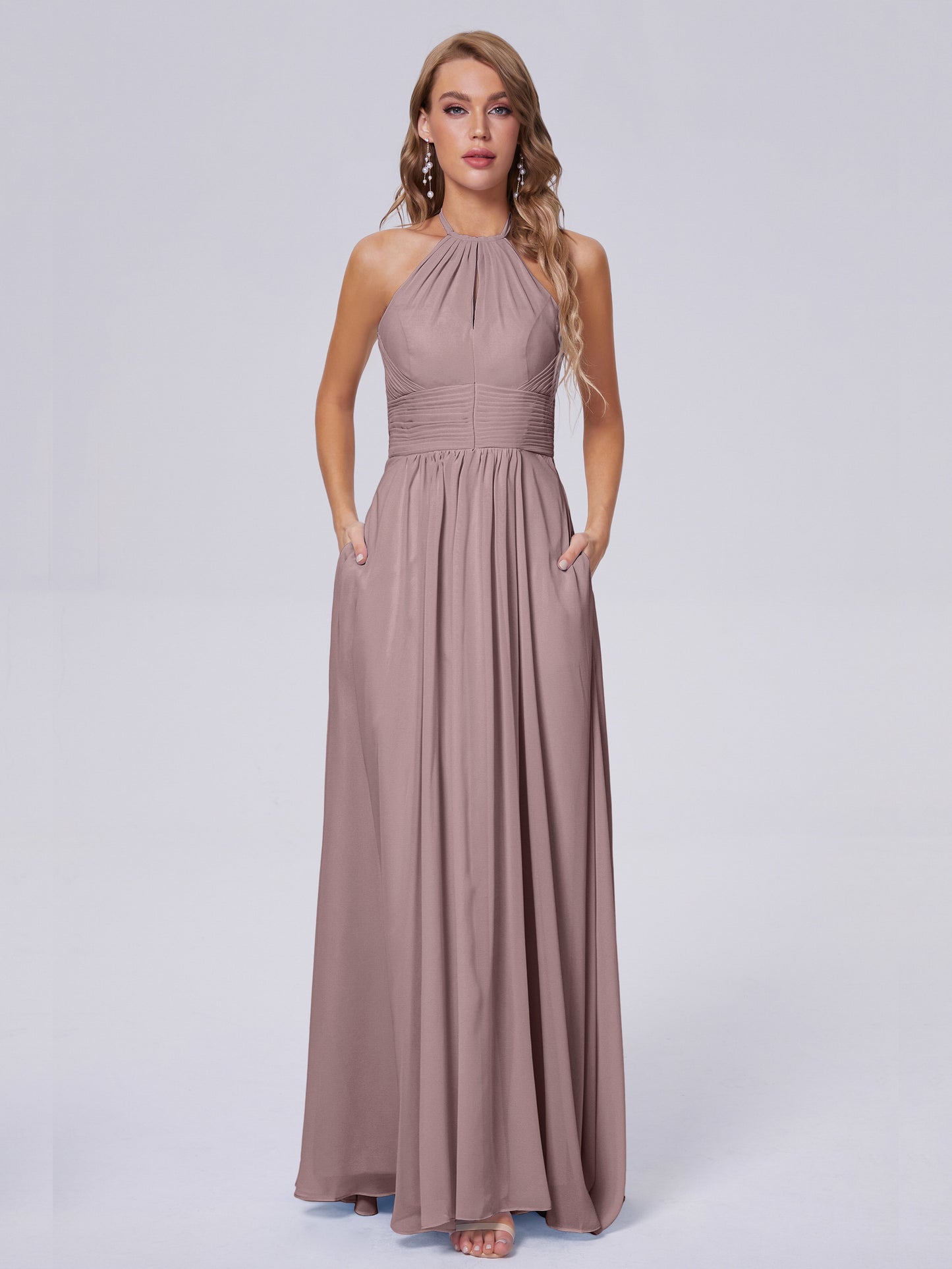 Adaline Simple Halter Chiffon Long Bridesmaid Dresses