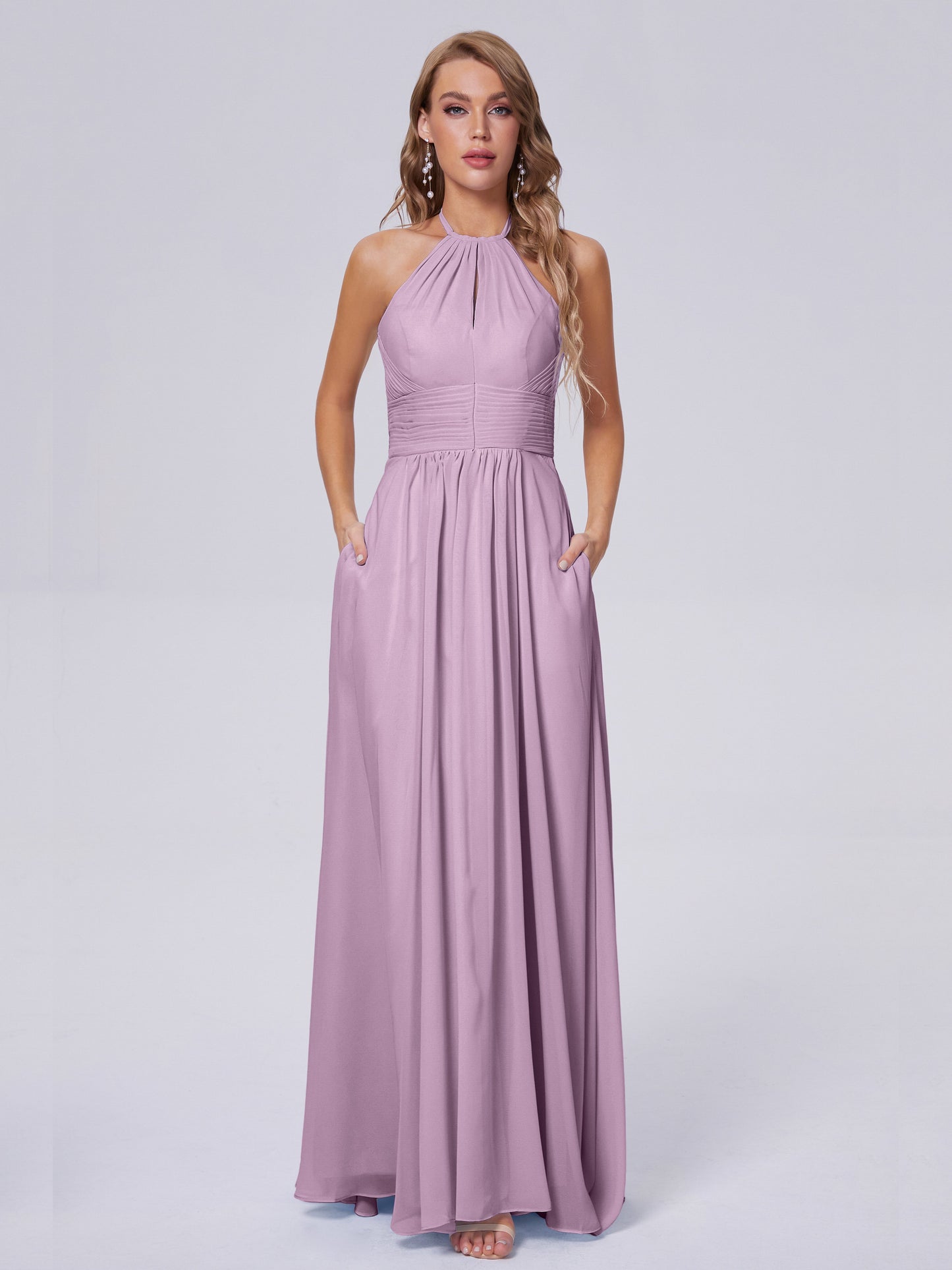 Adaline Simple Halter Chiffon Long Bridesmaid Dresses