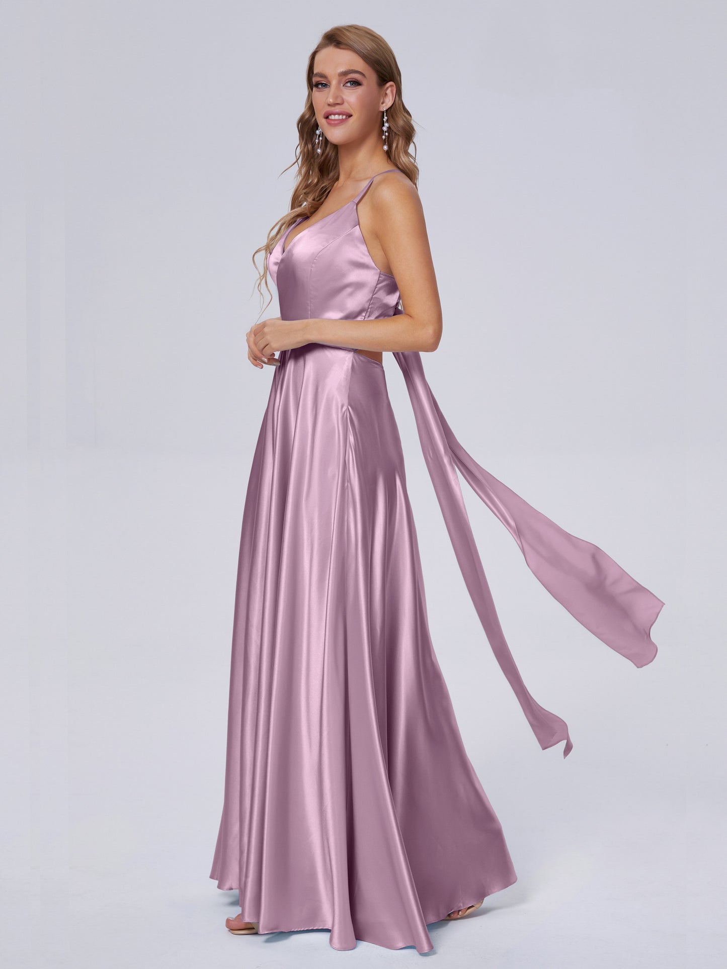 Ana Flowy Straps Soft Satin Long Bridesmaid Dresses