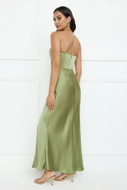 Show You Love One Shoulder Satin Maxi Dress Green