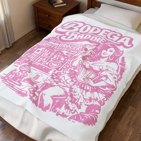 Bodega Baddie Velveteen Plush Blanket — Pink Retro Diner/Grocery Graphic Throw