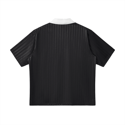 Black striped short sleeve polo shirt with white collar, urban streetwear style
