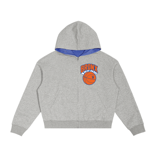 Bronx Basketball 2026 Playoff Edition Contrast Plaid Boxy Zip Hoodie by Bronx Native