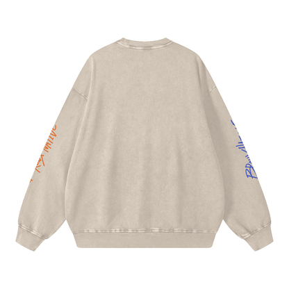 Beige oversized hoodie with orange and blue sleeve graphics, NYC streetwear style