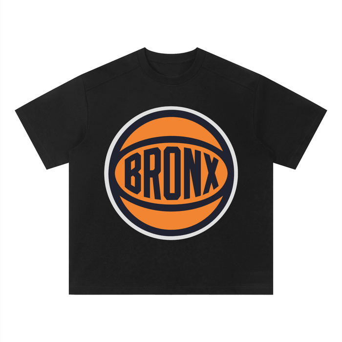 Black t-shirt with an orange and white logo featuring the word 'Bronx'.