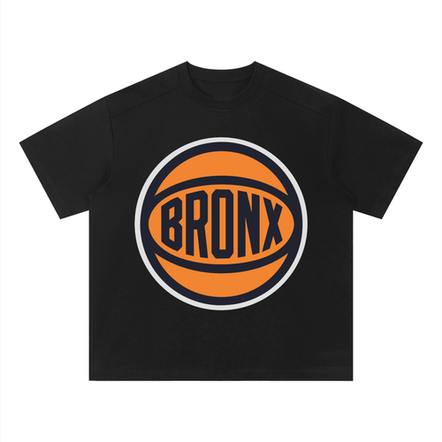 Black t-shirt with an orange and white logo featuring the word 'Bronx'.
