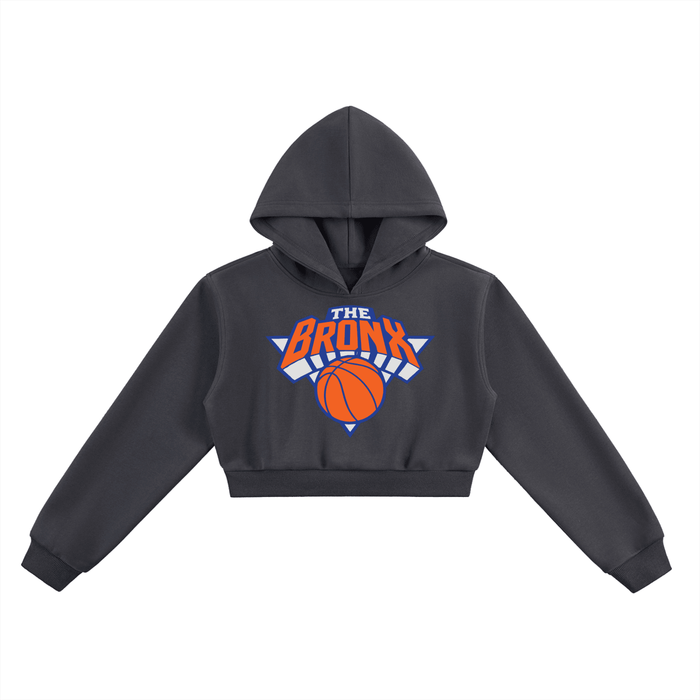 Dark gray cropped hoodie with 'The Bronx' basketball graphic, bold streetwear style