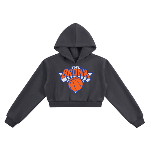 Dark gray cropped hoodie with 'The Bronx' basketball graphic, bold streetwear style