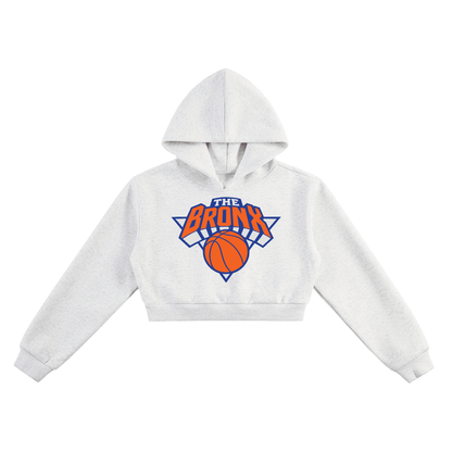 Gray cropped hoodie with 'The Bronx' basketball graphic, NYC streetwear style