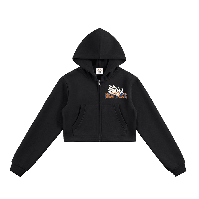 Black cropped hoodie with 'New York' graffiti design, bold streetwear style