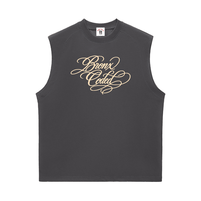 Dark gray sleeveless tee with 'Bronx Coded' in gold script, NYC streetwear style