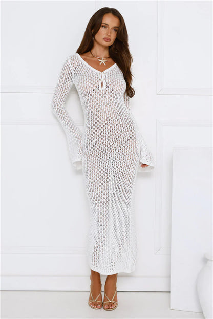 Sailing Into Sunset Knit Long Sleeve Maxi Dress White