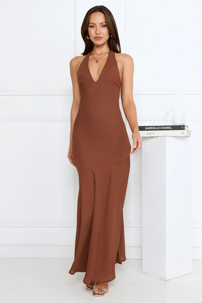Polished Edge Halter Maxi Dress Brown