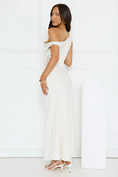 Pure Magic Linen Blend Off Shoulder Maxi Dress Cream
