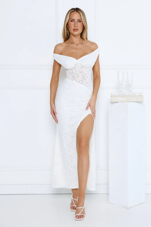 Ivory Veil Off Shoulder Lace Maxi Dress White