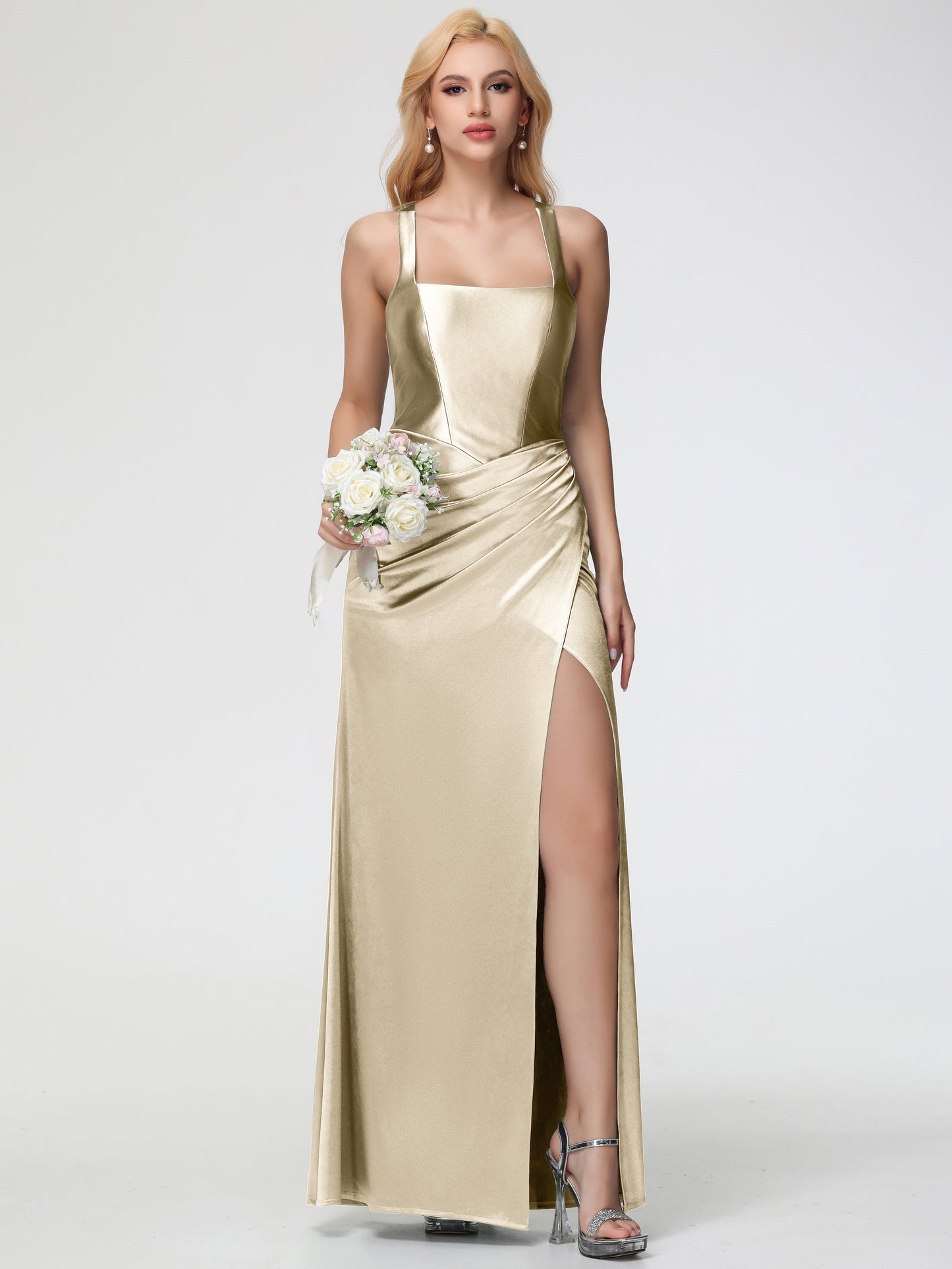 Champagne Stretch Satin Bridesmaid Dress Straps Ruched Floor Length Sheath Bridesmaid Dress With Slit