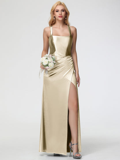 Champagne Stretch Satin Bridesmaid Dress Straps Ruched Floor Length Sheath Bridesmaid Dress With Slit