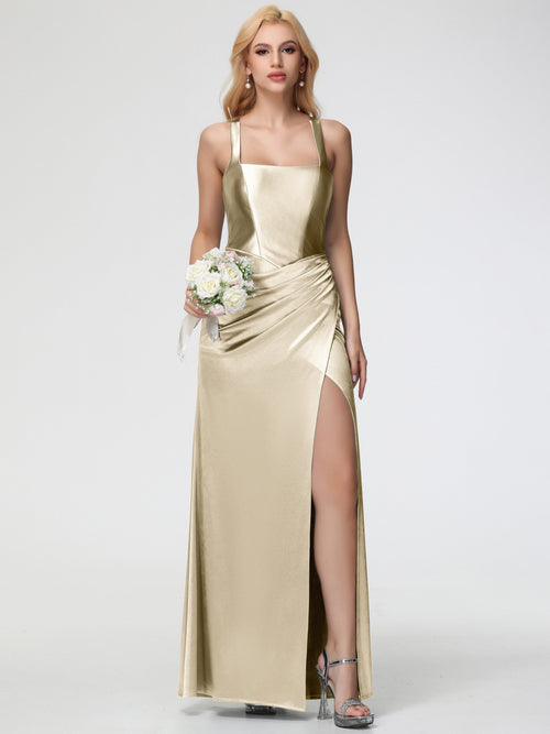 Champagne Stretch Satin Bridesmaid Dress Straps Ruched Floor Length Sheath Bridesmaid Dress With Slit