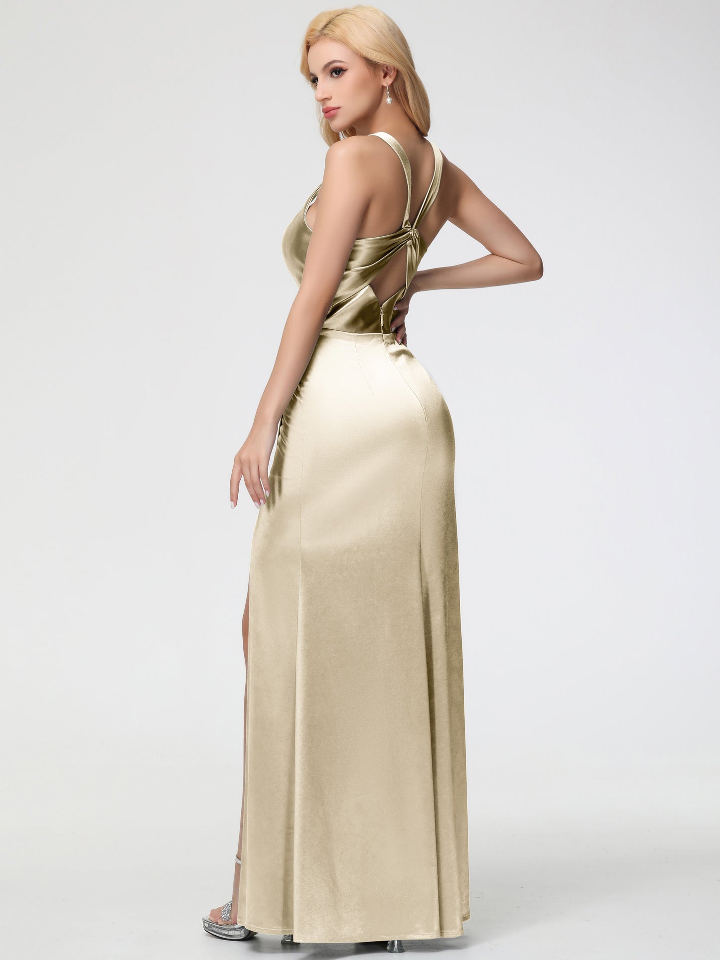 Champagne Stretch Satin Bridesmaid Dress Straps Ruched Floor Length Sheath Bridesmaid Dress With Slit