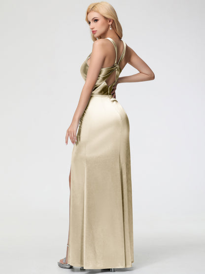 Champagne Stretch Satin Bridesmaid Dress Straps Ruched Floor Length Sheath Bridesmaid Dress With Slit