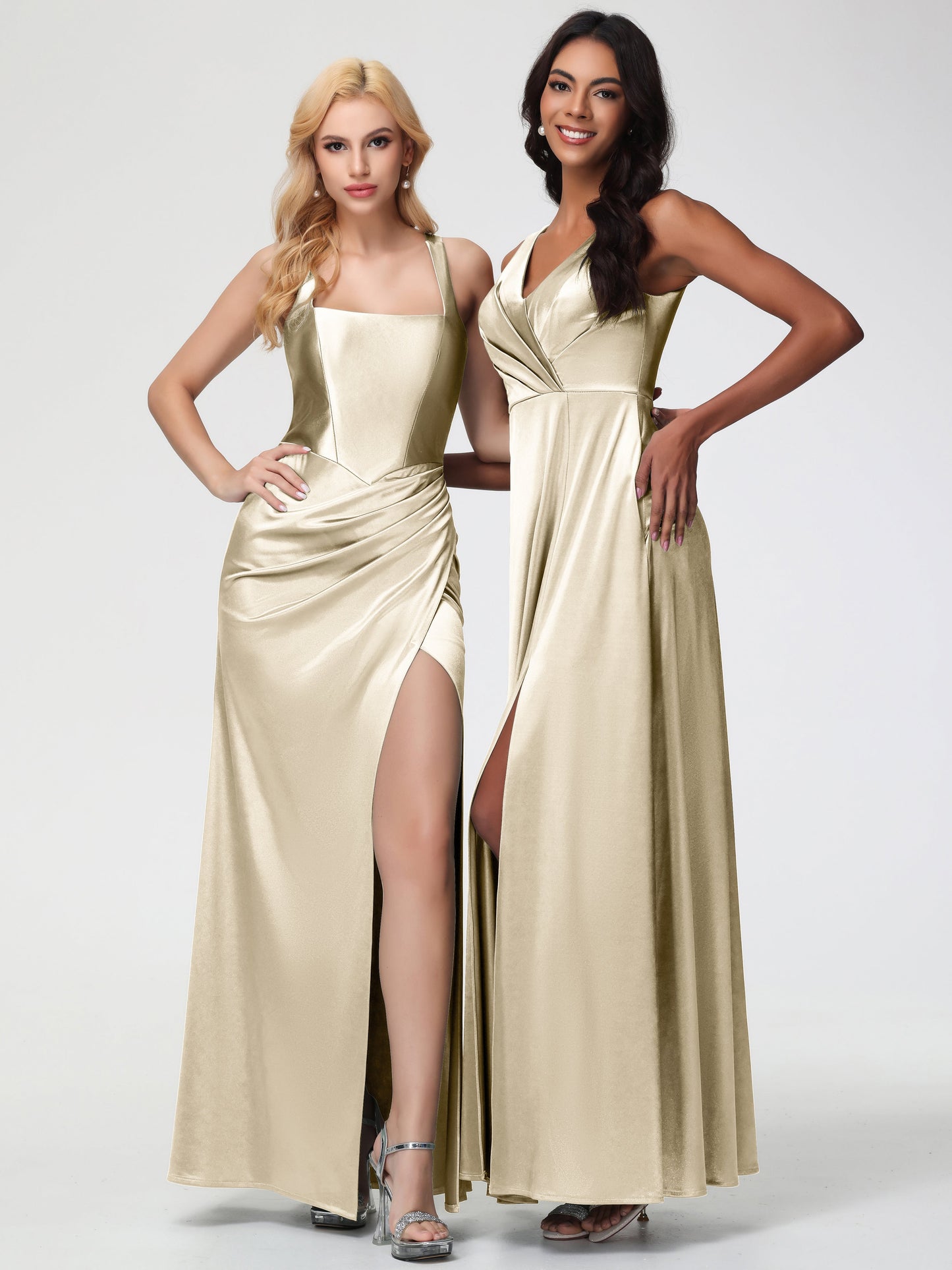 Champagne Stretch Satin Bridesmaid Dress Straps Ruched Floor Length Sheath Bridesmaid Dress With Slit