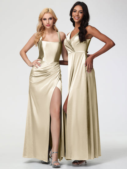 Champagne Stretch Satin Bridesmaid Dress Straps Ruched Floor Length Sheath Bridesmaid Dress With Slit