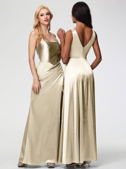Champagne Stretch Satin Bridesmaid Dress Straps Ruched Floor Length Sheath Bridesmaid Dress With Slit