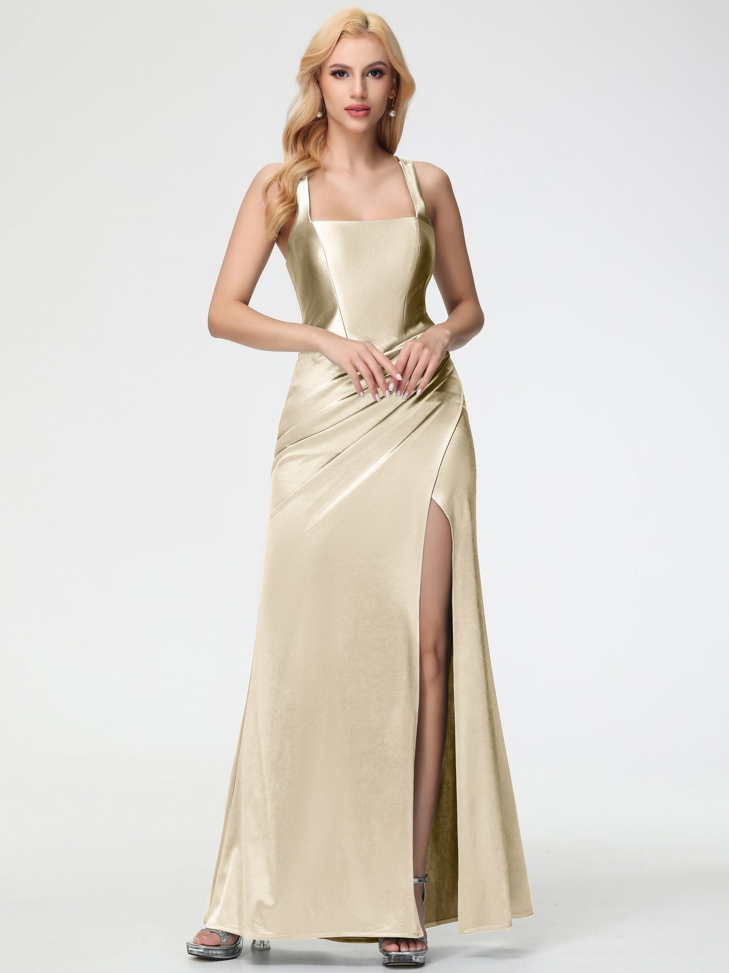 Champagne Stretch Satin Bridesmaid Dress Straps Ruched Floor Length Sheath Bridesmaid Dress With Slit