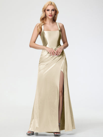 Champagne Stretch Satin Bridesmaid Dress Straps Ruched Floor Length Sheath Bridesmaid Dress With Slit