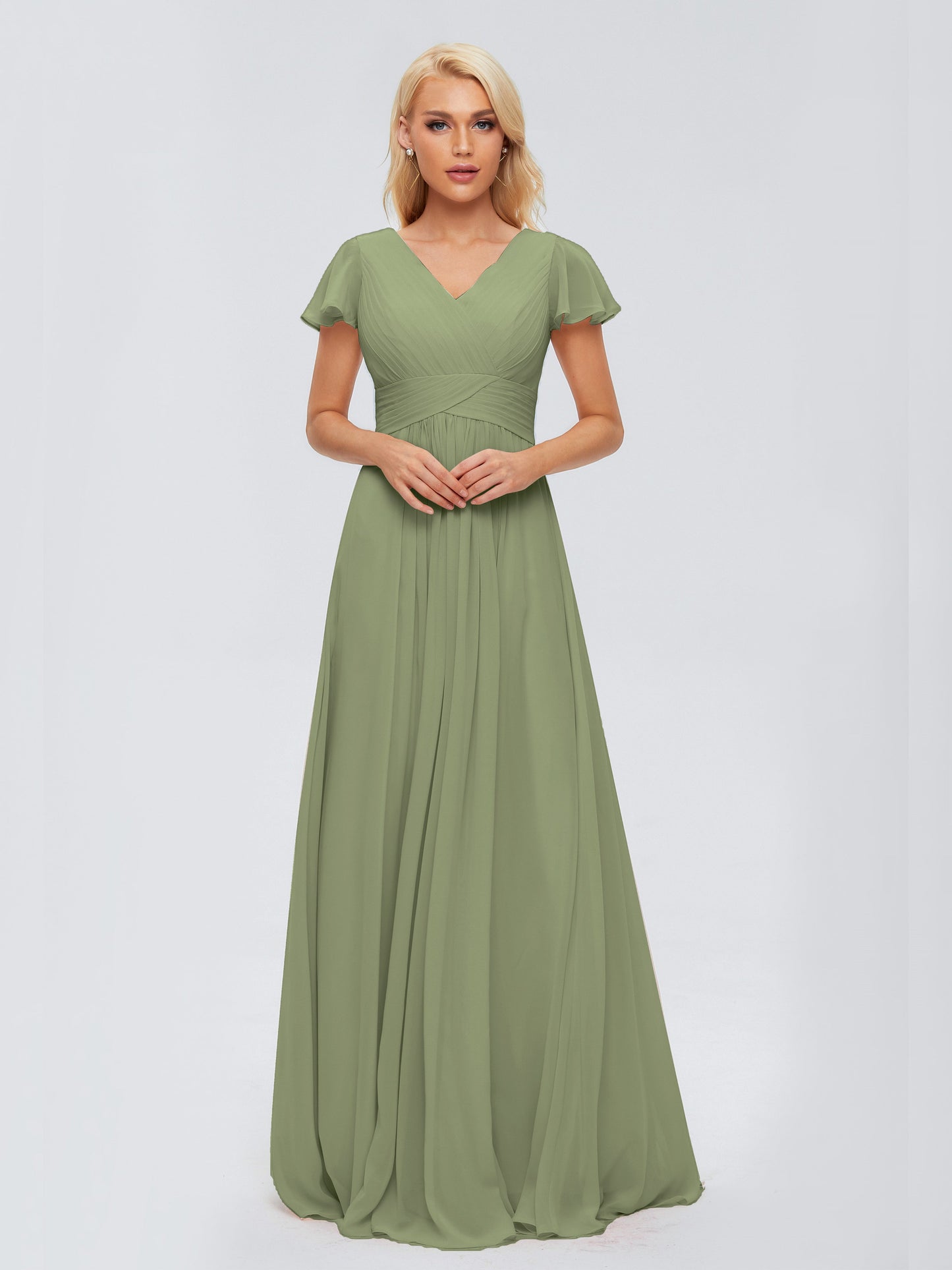 Olive Green Bridesmaid Dress A-Line V Neck Short Sleeves Long Chiffon Bridesmaid Dresses