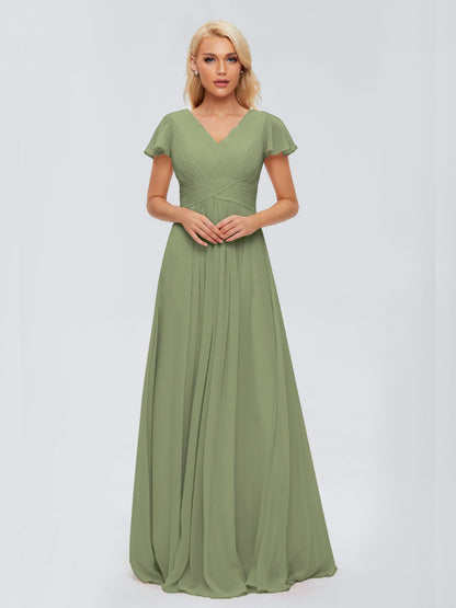 Olive Green Bridesmaid Dress A-Line V Neck Short Sleeves Long Chiffon Bridesmaid Dresses