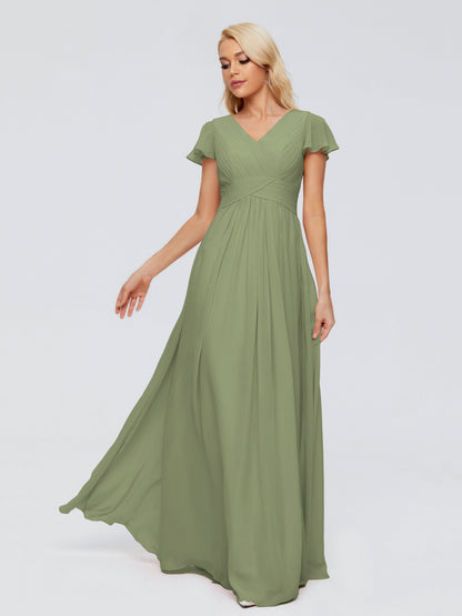 Olive Green Bridesmaid Dress A-Line V Neck Short Sleeves Long Chiffon Bridesmaid Dresses