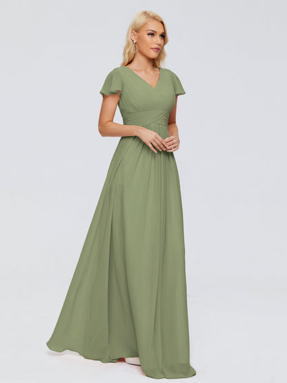 Olive Green Bridesmaid Dress A-Line V Neck Short Sleeves Long Chiffon Bridesmaid Dresses