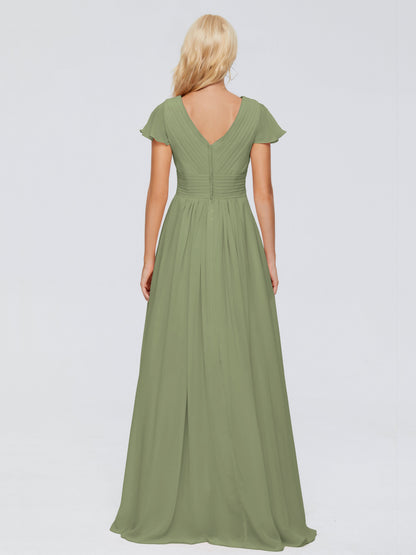 Olive Green Bridesmaid Dress A-Line V Neck Short Sleeves Long Chiffon Bridesmaid Dresses